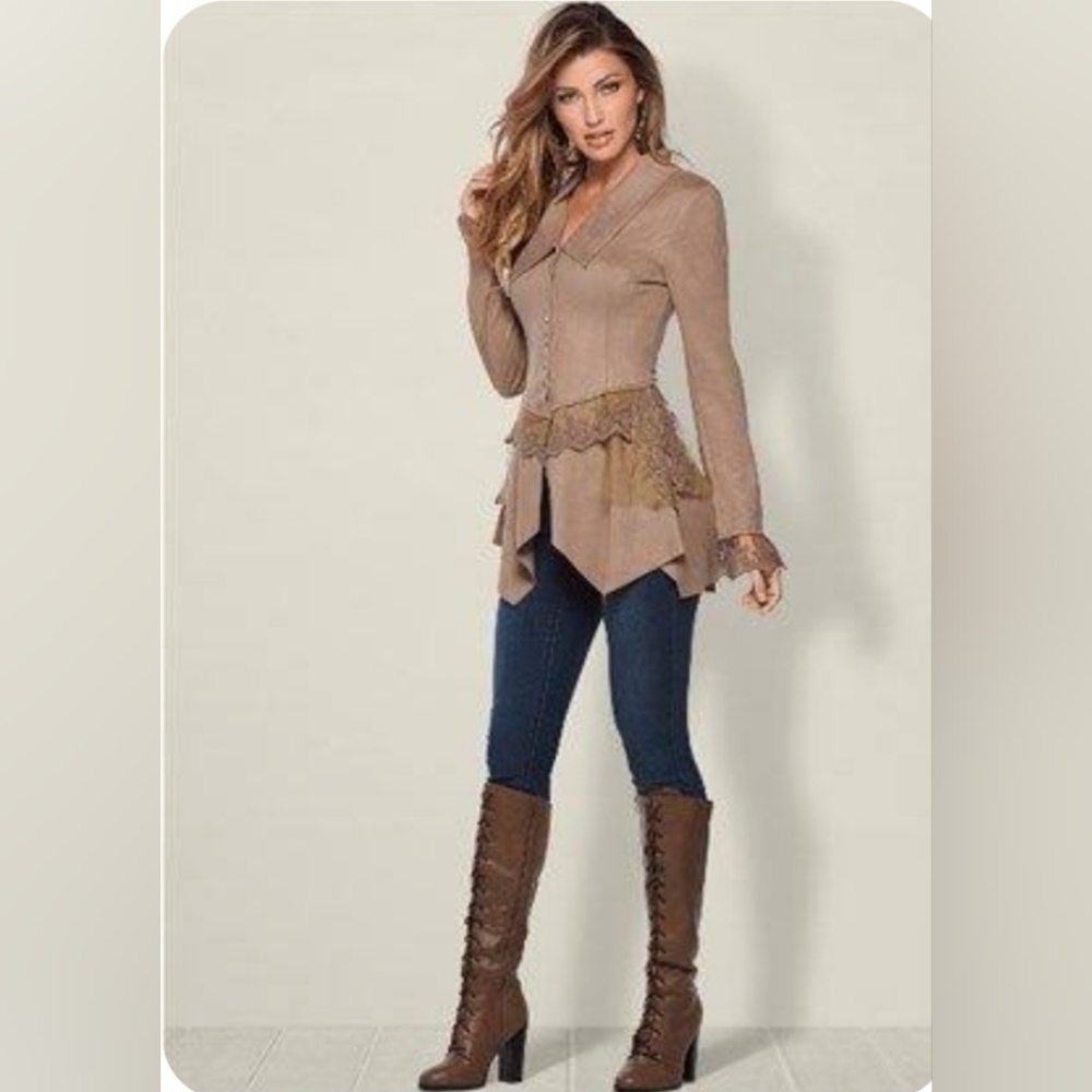 VENUS Tan Faux Suede And Lace Western Style Peplum Shirt